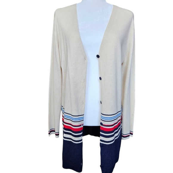 Jones&Co wool blend ivory tunic cardigan navy red striped bottom side slit L - Picture 3 of 15